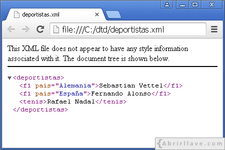 Visualización del archivo deportitas.xml en Google Chrome