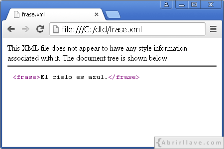 Visualización del archivo frase.xml en Google Chrome
