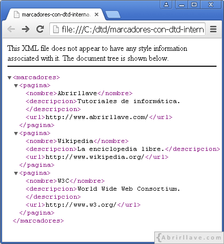 Visualización del archivo "marcadores-con-dtd-interna.xml" en Google Chrome