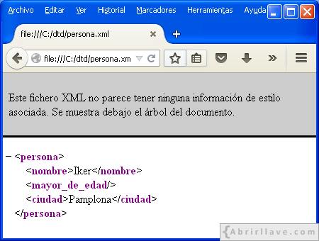 Visualización del archivo persona.xml en Mozilla Firefox