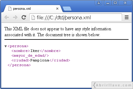 Visualización del archivo persona.xml en Google Chrome