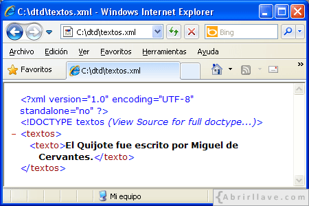 Visualización del archivo textos.xml en Internet Explorer 8