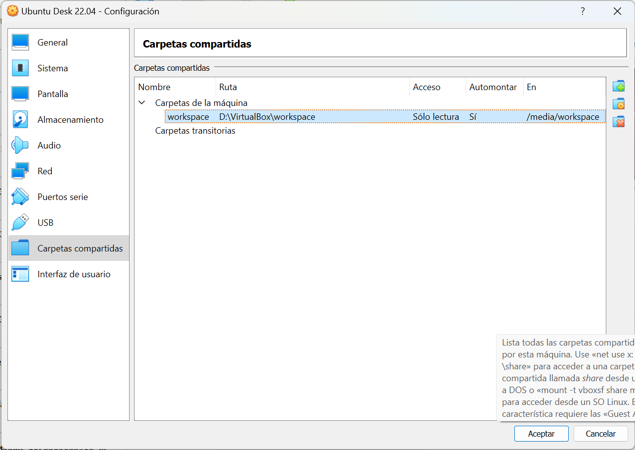 Carpetas compartidas de la configuración de Virtual Box