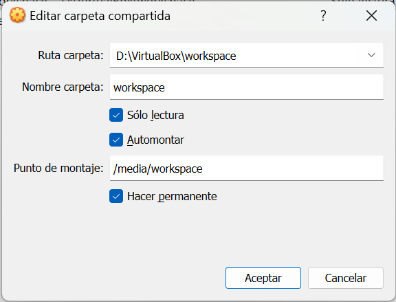 Editar carpetas compartidas de la configuración de Virtual Box