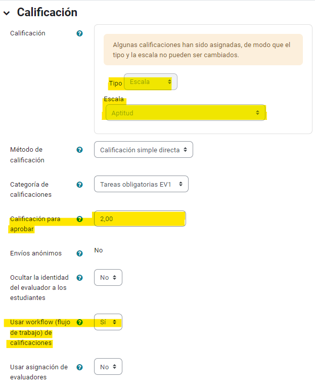 Sección "Calificación" de tarea Apto/No apto con workflow