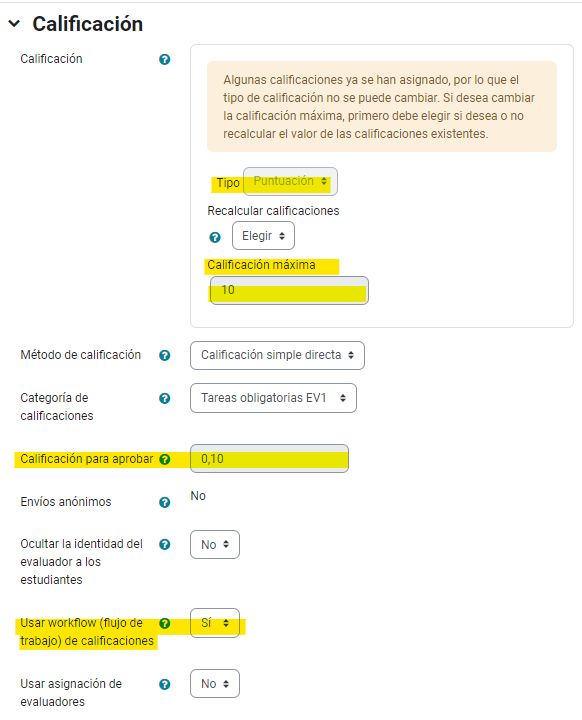 Sección "Calificación" de tarea con nota 0 a 10 con workflow