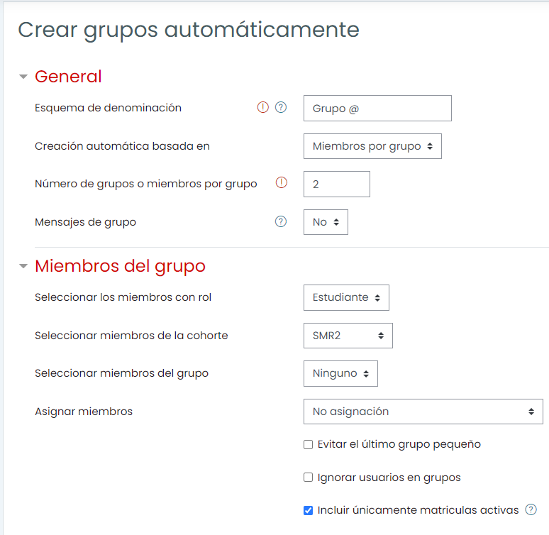 Creación de grupos vacíos automáticamente en Moodle