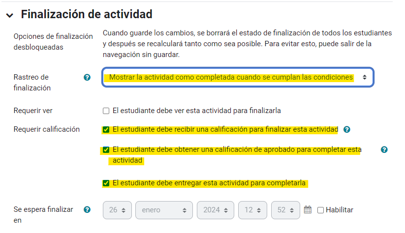 Sección "Finalización de actividad" para gamificación