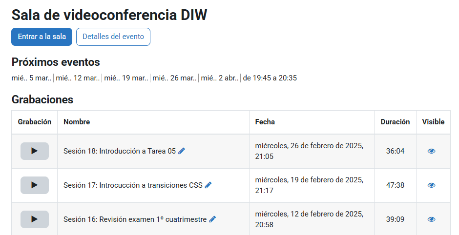 Últimas sesiones de sala de videoconferencia en Moodle
