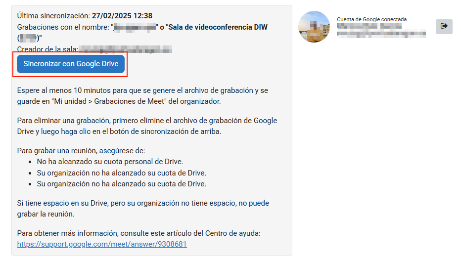 Botón para sincronizar grabaciones de la sala de videoconferencia en Moodle