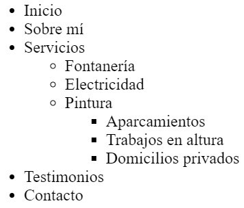 Lista HTML anidada con un subnivel y un subsubnivel