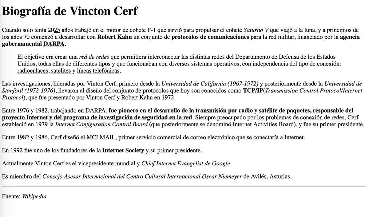 Biografía de Vinton Cerf en HTML