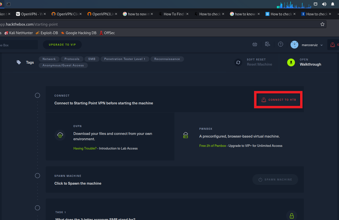 Click en botón "CONNECT TO HTB"