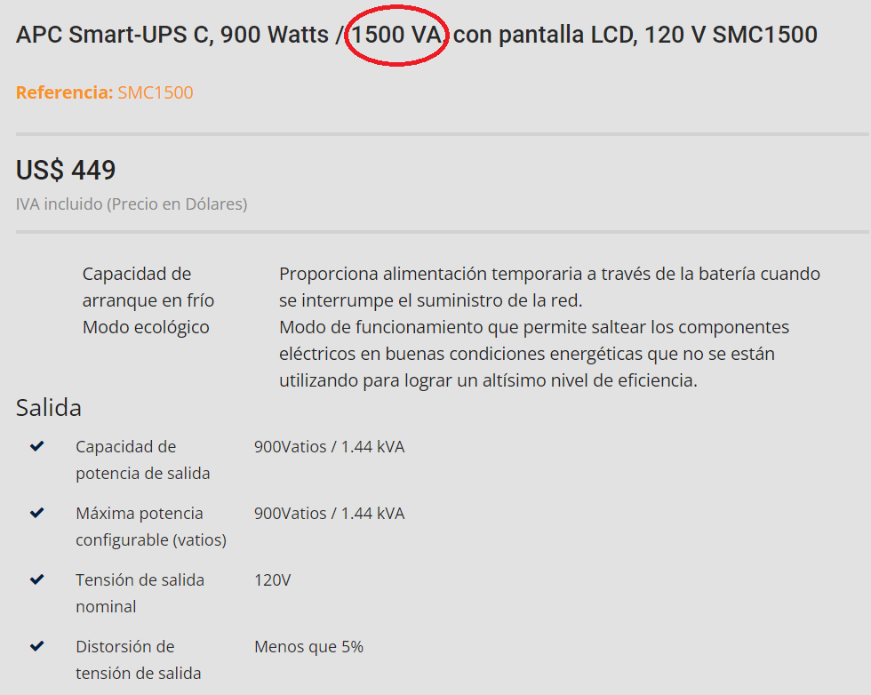 VA y precio de un SAI