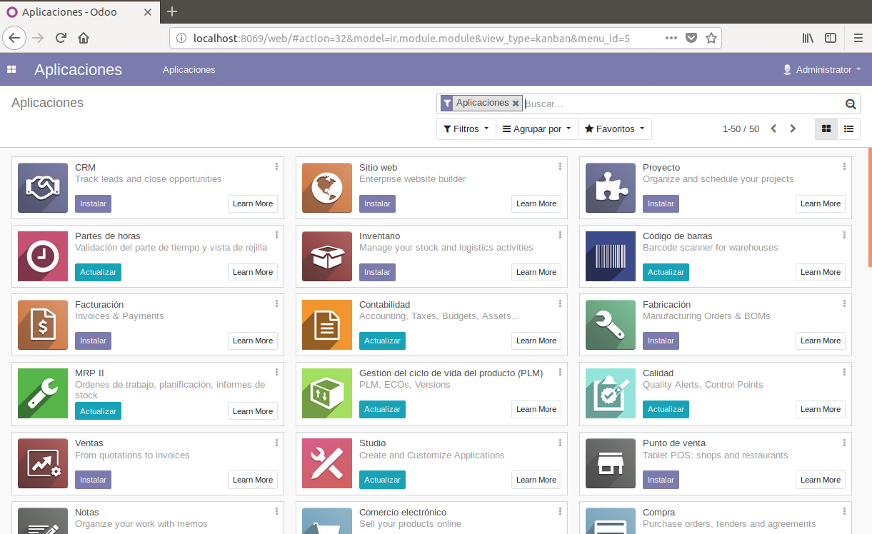 Imagen con todos los módulos de Odoo en modo mosaico