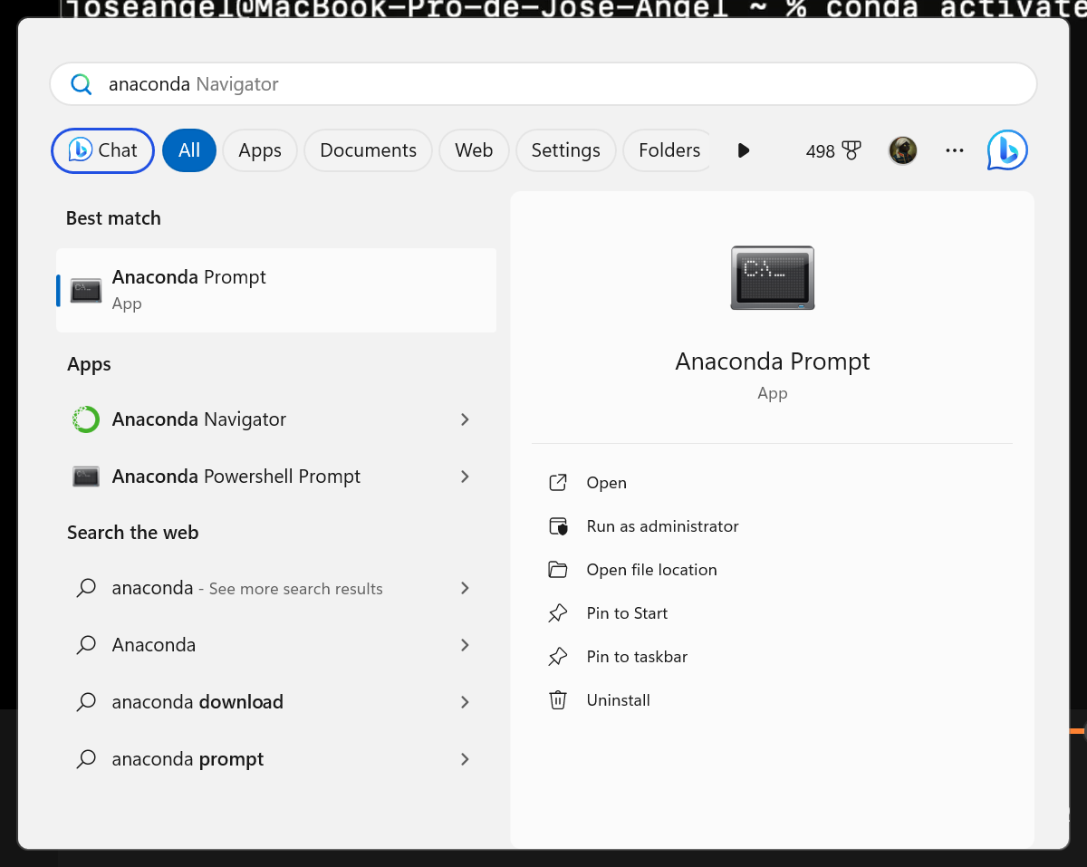 Búsqueda de Anaconda Prompt desde el inicio de Windows