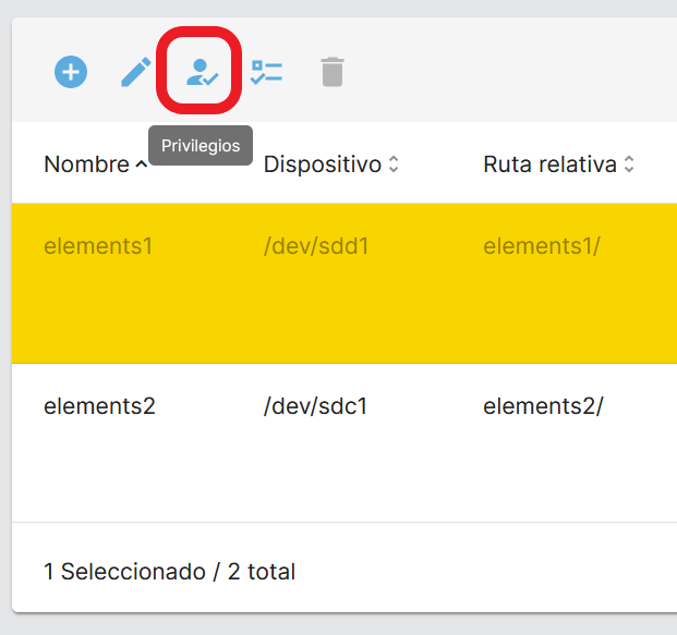 Botón para editar los privilegios de la carpeta compartida para el servicio FTP