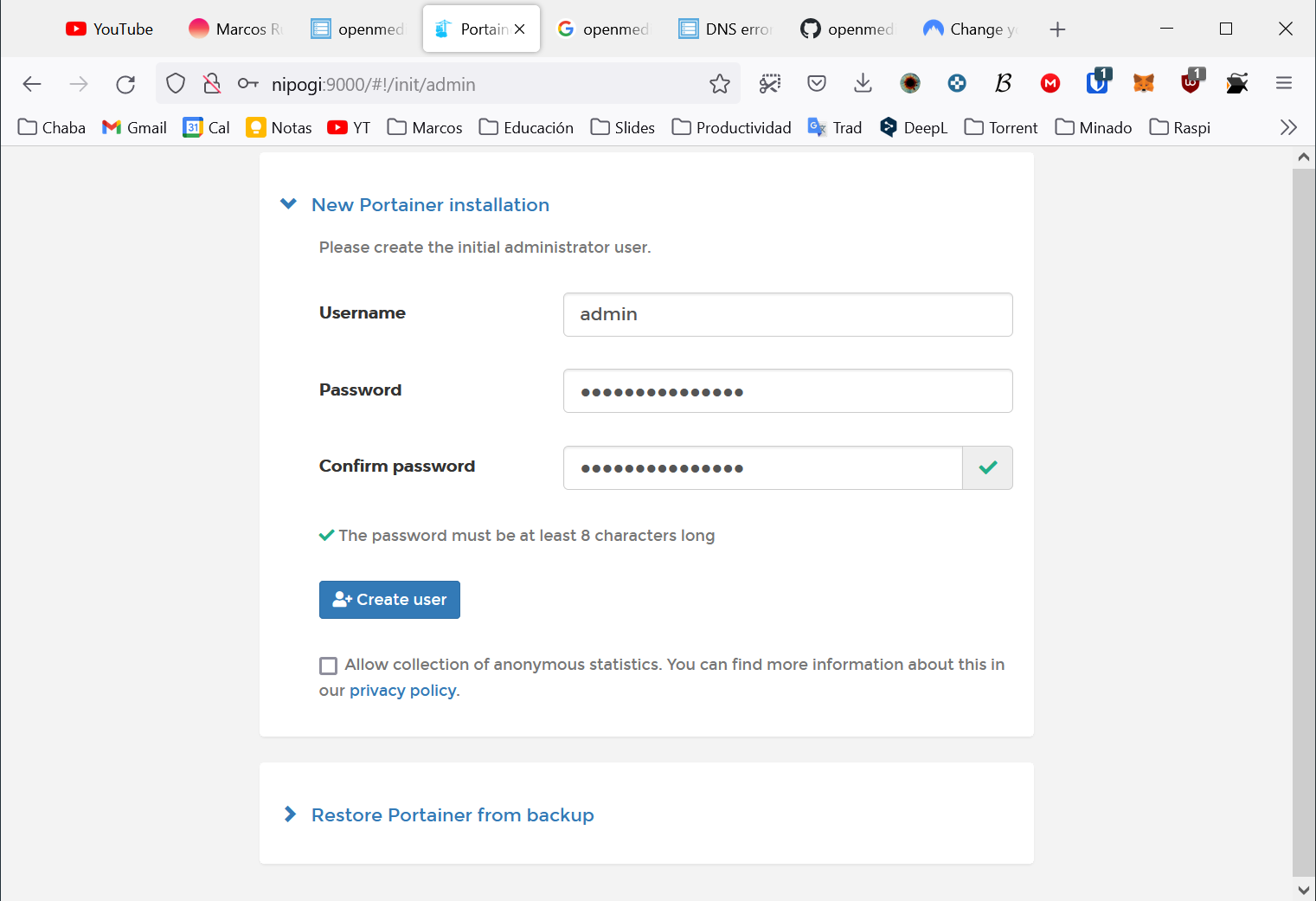 Interfaz web de Portainer: Primer login