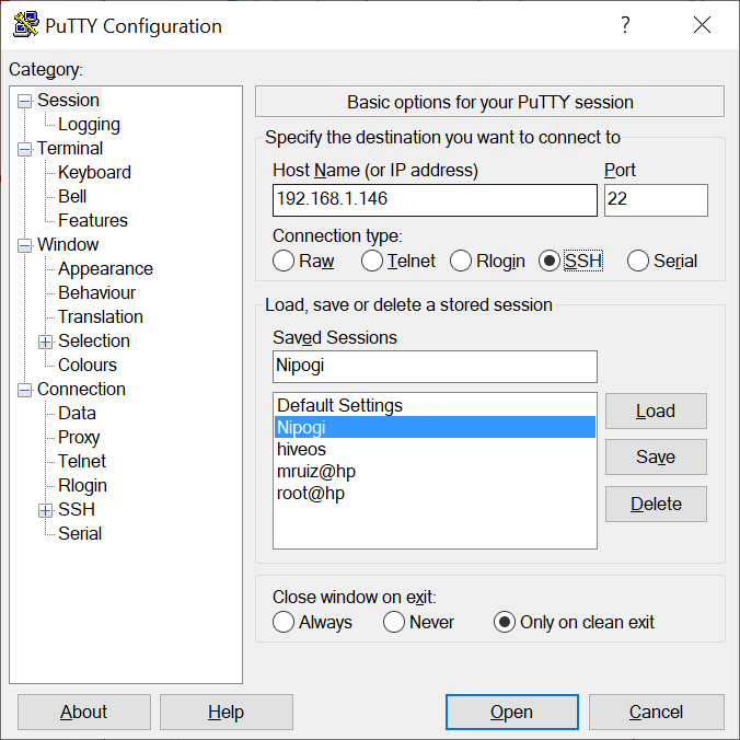 Cargar sesión con PuTTy en Windows 10