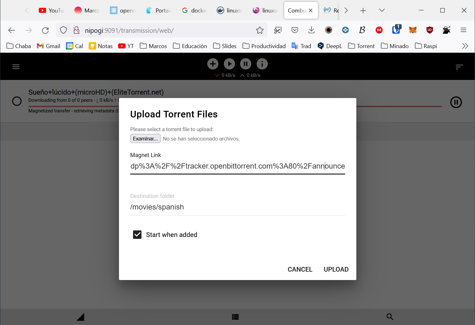 Interfaz web de Transmission: Añadir torrent