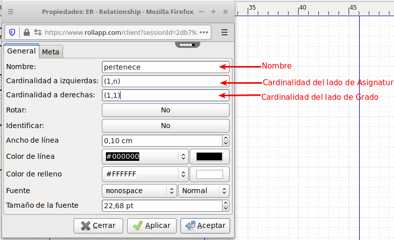 Propiedades de una relación en DIA