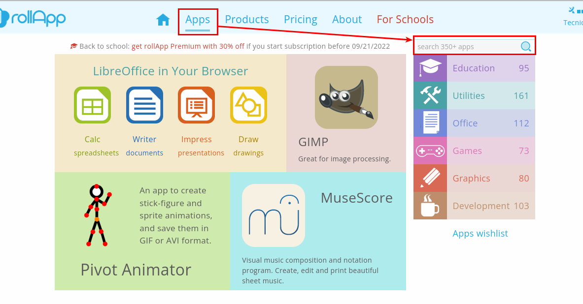 Buscar aplicaciones en RollApp