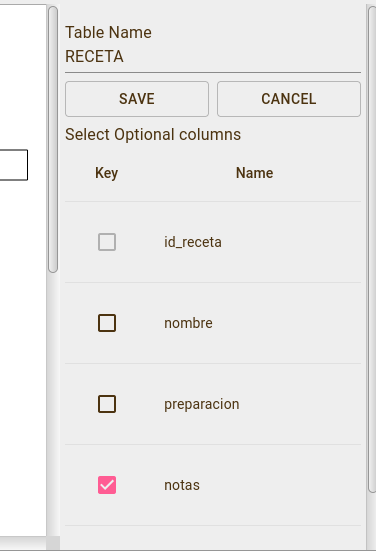 Columnas opcionales de Receta