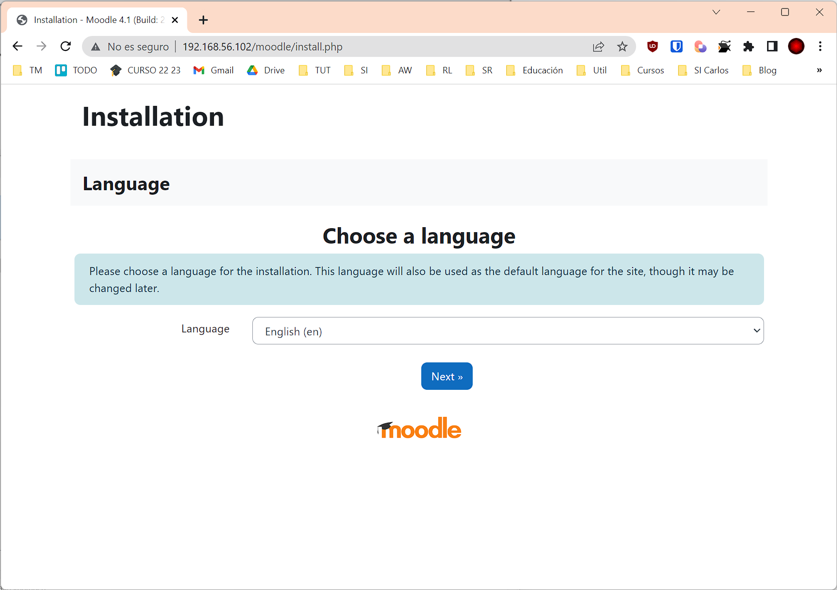 Inicio web para configurar Moodle 4.1
