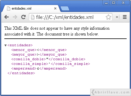 Visualización del archivo entidades.xml en Google Chrome