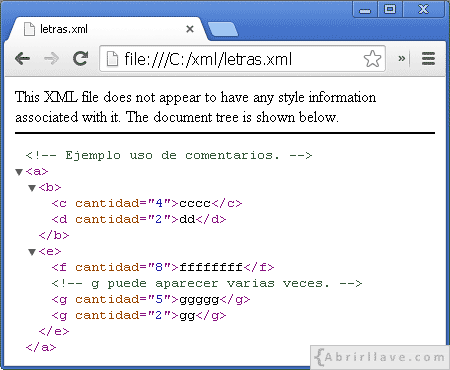 Visualización del archivo letras.xml en Google Chrome
