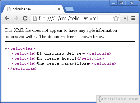 Visualización del archivo peliculas.xml en Google Chrome