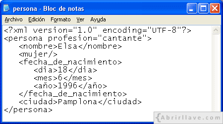 Código del archivo persona.xml en el Bloc de notas