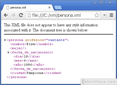 Visualización del archivo persona.xml en Google Chrome
