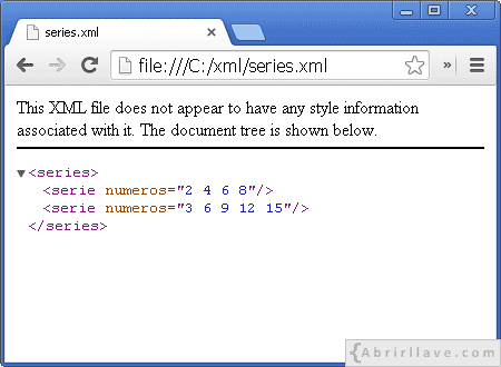 Visualización del archivo series.xml en Google Chrome